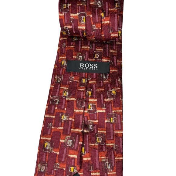 Boss Hugo Boss Neck Tie Mens Maroon Orange Silk Geometric Classic Preppy Italy - Picture 5 of 8